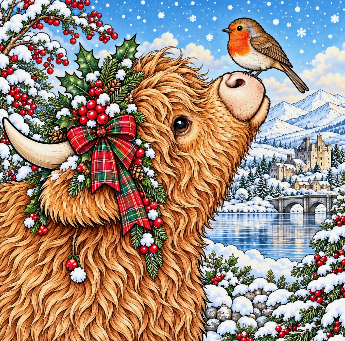 A Highland coo and robin in a snowy Celtic Christmas scene - artwork concept, not final cover
