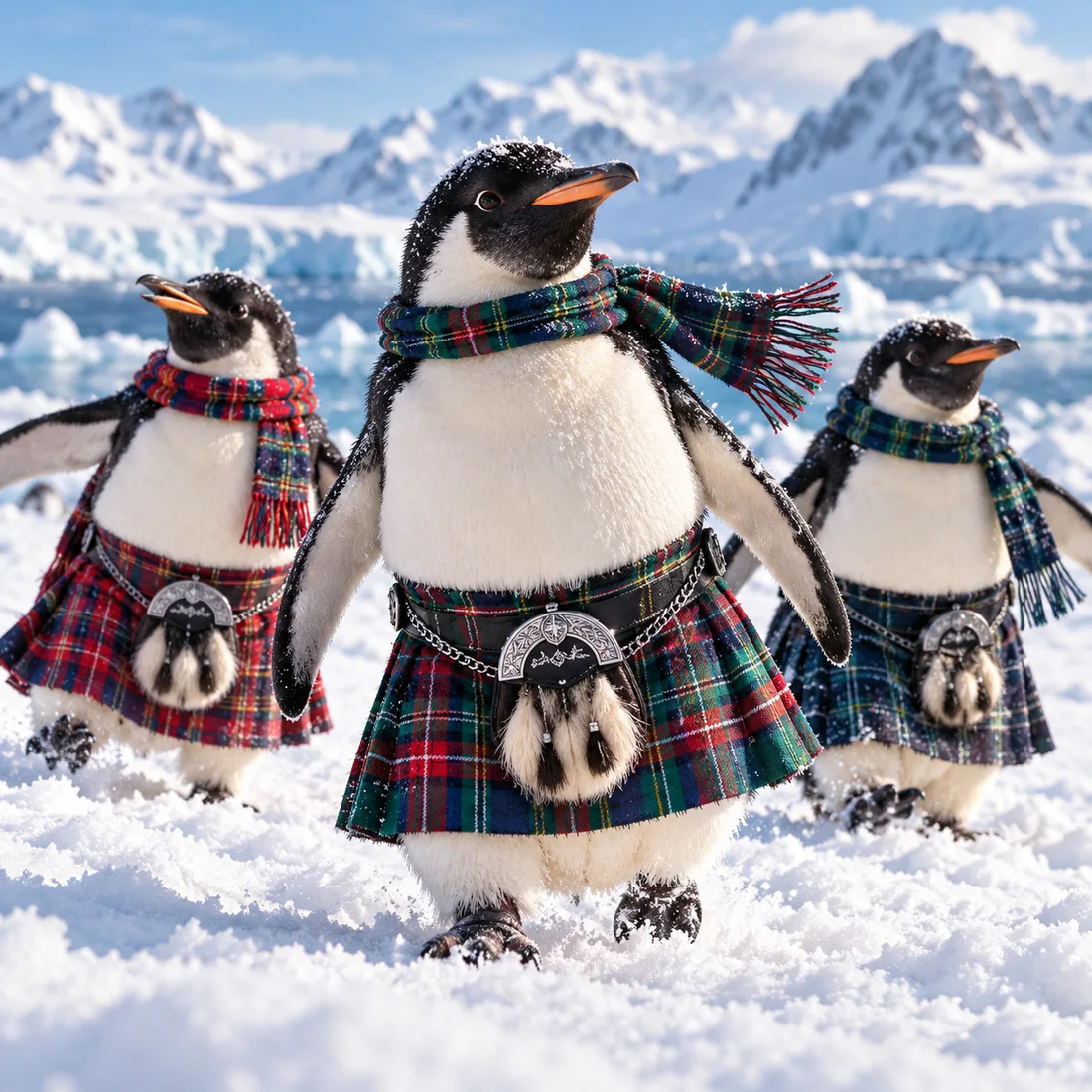Three playful kilted penguins in tartan scarves on Antarctic snow
