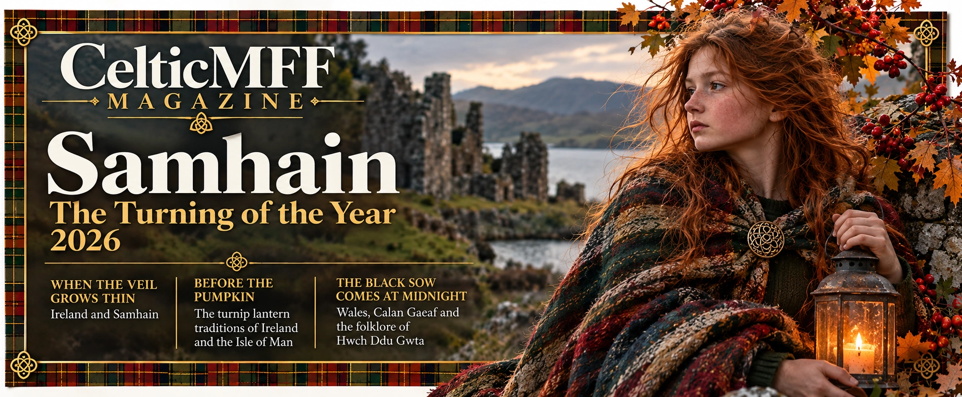 Illustrative Samhain issue cover: an autumn-crowned woman holding a turnip lantern, framed in tartan and gold.