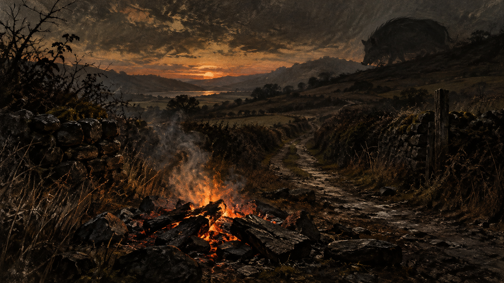 Editorial artwork: embers beside a dark rural path, with a black sow suggested in the shadows.