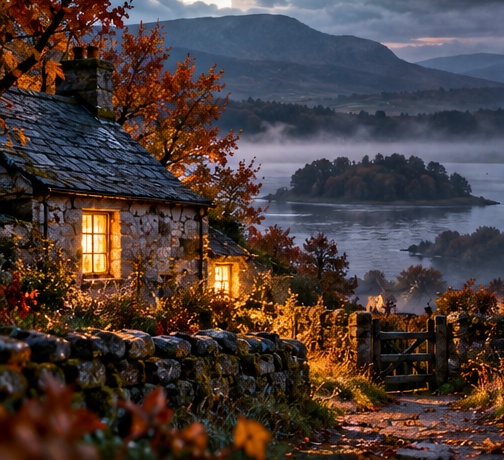 Illustrative cottage beside a misty landscape, cropped from the supplied dark poster.
