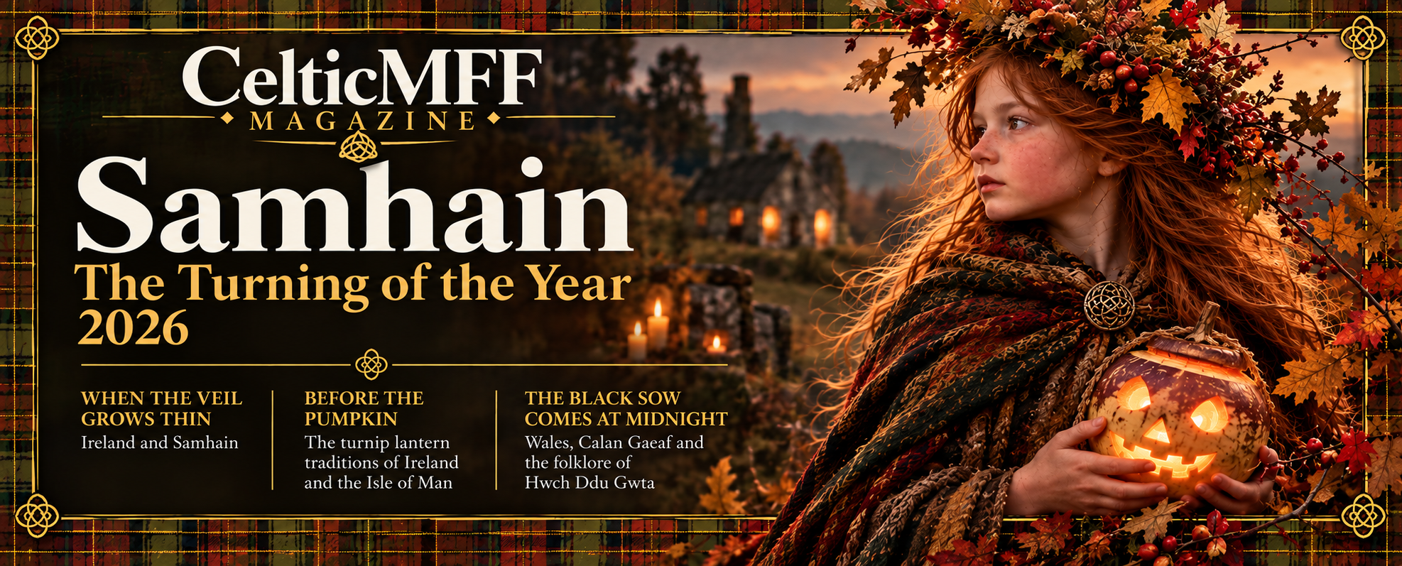Illustrative Samhain issue cover: an autumn-crowned woman holding a turnip lantern, framed in tartan and gold.