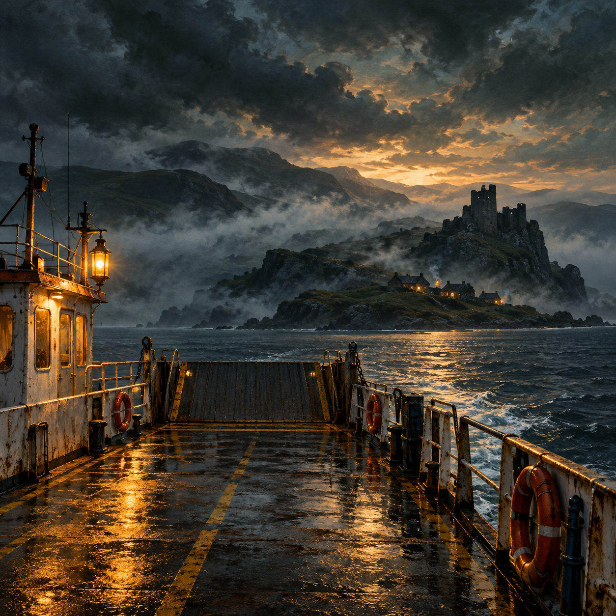Original editorial illustration of a ferry facing a misty island, not a location photograph.