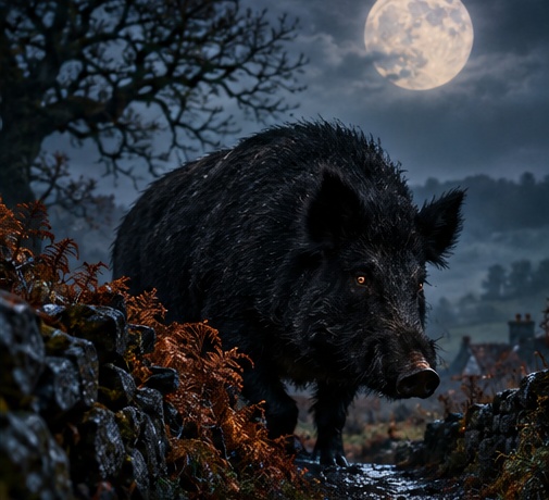 Thematic editorial illustration of a dark boar beneath moonlight.