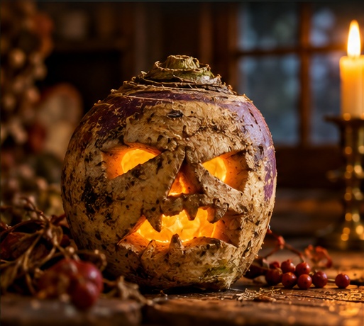Original editorial illustration of a carved turnip lantern.