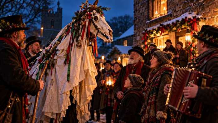 Mari Lwyd horse figure and carolers in a snowy village at night