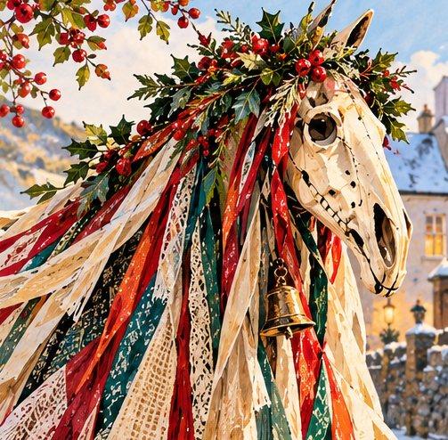 A Mari Lwyd horse skull decorated with ribbons and holly