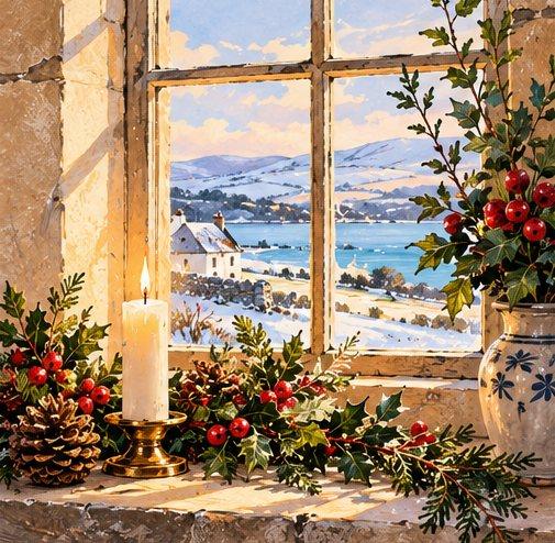 A candle burning in a window with holly, with a snowy coastal view beyond