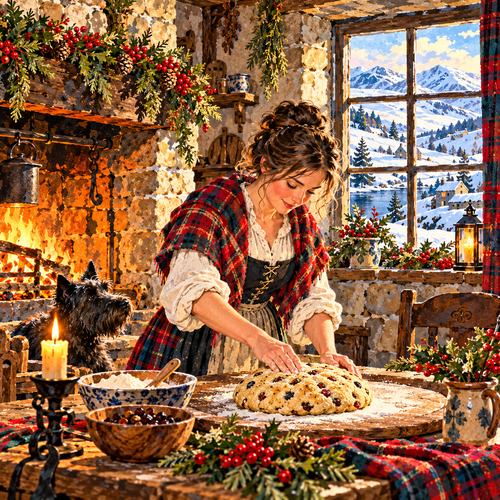 A woman in a tartan shawl kneading fruit bread dough at a table beside a hearth fire, with a dog nearby