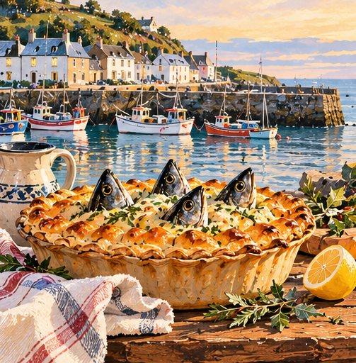 A fish pie with fish heads in the crust, with a harbour behind