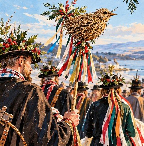 A decorated wren pole carried by a procession