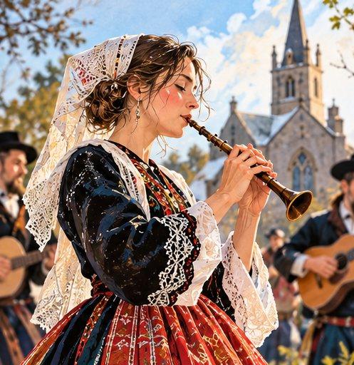 A woman in a Breton lace headdress playing a bombarde