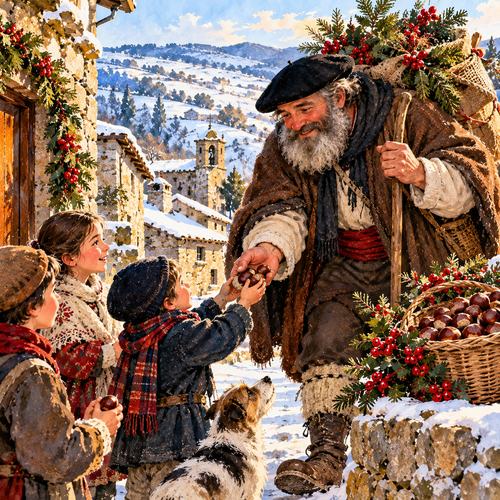 A bearded man in a beret offers chestnuts to children in a snowy stone village, with a dog looking up